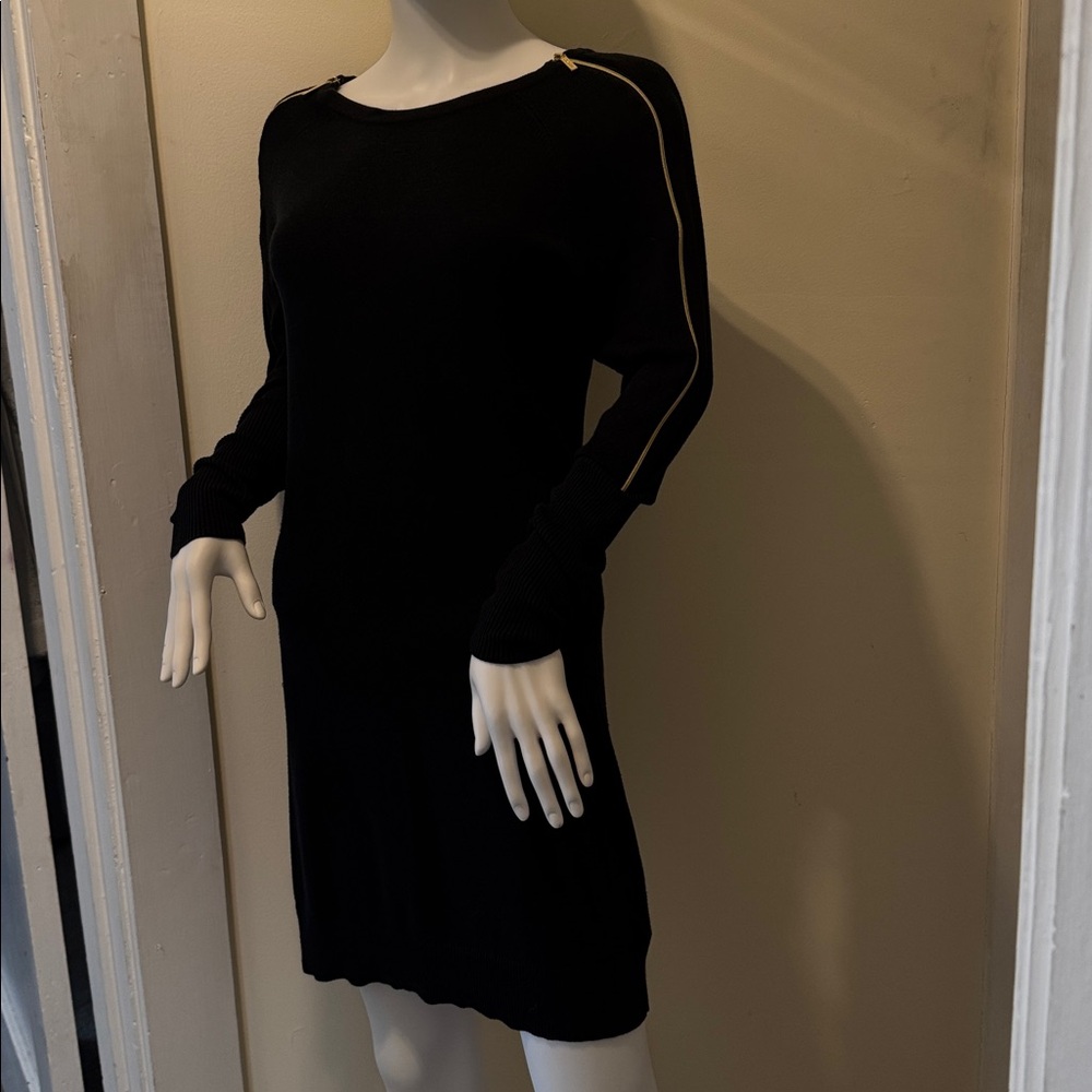 Michael Kors Black Long Sleeve Sweater Dress with Gold Zip Shoulder Detail